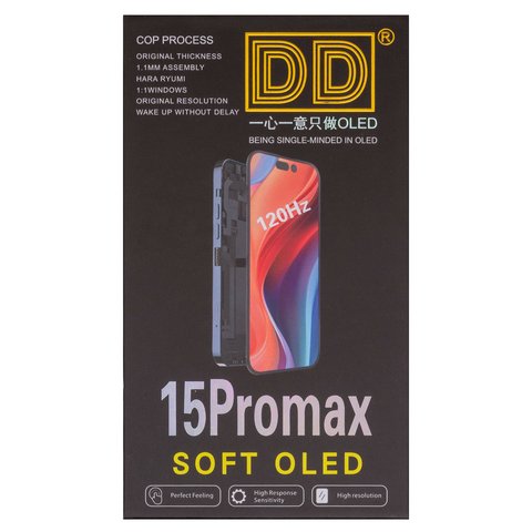 Дисплей для iPhone 15 Pro Max, черный, с рамкой, High Copy, без ошибки, (OLED), DD-OLED OEM soft, 120Hz, diagnosable Превью 2